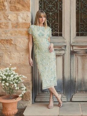 Mac Duggal 94150 Green Embellished Cap Sleeve Midi Dress Size 8 NWT